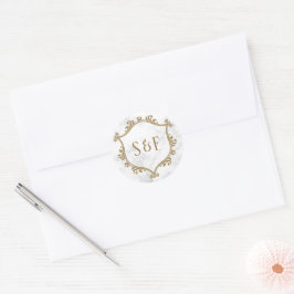Wit Marmer en Gouden Badge Monogram Envelopzegel Ronde Sticker