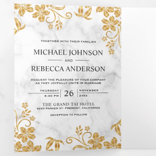 Wit Marmer en Gouden Folie Bloemen Bladeren Huweli Drieluik Uitnodiging (Binnenzijde eerst)