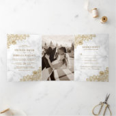 Wit Marmer en Gouden Kant Trouwfoto Drieluik Uitnodiging (Binnen)