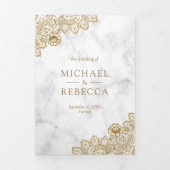 Wit Marmer en Gouden Kant Trouwfoto Drieluik Uitnodiging (Cover)