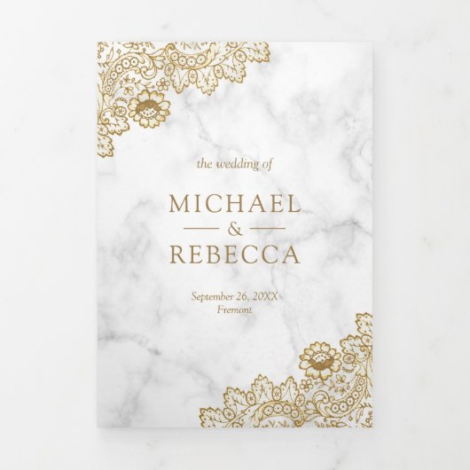 Wit Marmer en Gouden Kant Trouwfoto Drieluik Uitnodiging (Cover)