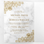 Wit Marmer en Gouden Kant Trouwfoto Drieluik Uitnodiging (Binnenzijde eerst)