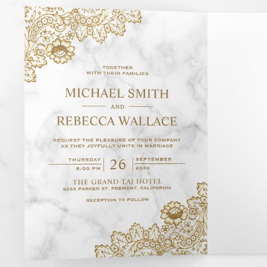 Wit Marmer en Gouden Kant Trouwfoto Drieluik Uitnodiging (Binnenzijde eerst)