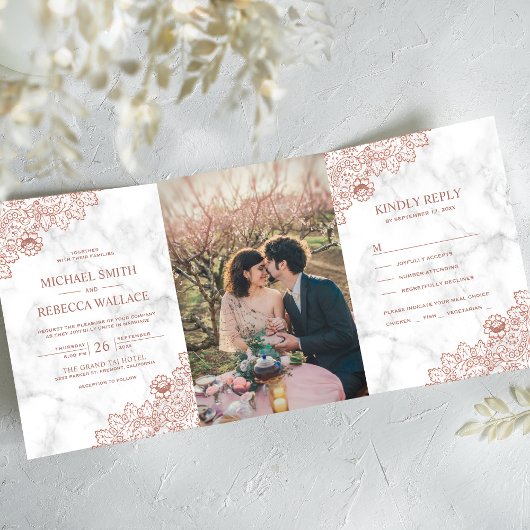 Wit Marmer en Roos Gouden Kant Trouwfoto Drieluik Uitnodiging