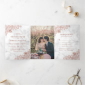 Wit Marmer en Roos Gouden Kant Trouwfoto Drieluik Uitnodiging (Binnen)