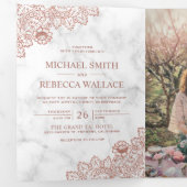 Wit Marmer en Roos Gouden Kant Trouwfoto Drieluik Uitnodiging (Binnenzijde eerst)