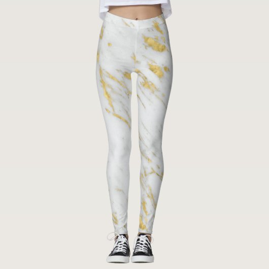 Wit Marmer Gevlekt Goud Glitter Leggings (Voorkant)