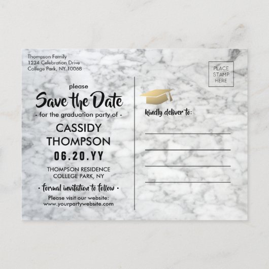 Wit Marmer & Goud Afstuderen Foto Opslaan van de D Briefkaart (Achterkant)