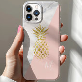 Wit Marmer Gouden Ananas Roze Pastel Monogram Case-Mate iPhone Case
