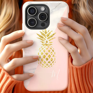 Wit Marmer Gouden Ananas Roze Pastel Monogram Case-Mate iPhone Case
