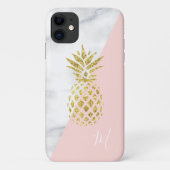 Wit Marmer Gouden Ananas Roze Pastel Monogram Case-Mate iPhone Case (Achterkant)