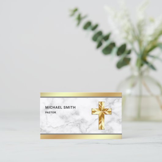 Wit Marmer Gouden Folie Jezus Christus Kruis Pasto Visitekaartje (Staand voorkant)