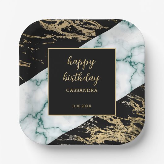 Wit Marmer Gouden Folie Verf Textuur Verjaardag Papieren Bordje (Voorkant)