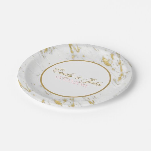 Wit Marmer Gouden Glitter- Sla de datum Papieren Bordje (Gekanteld)