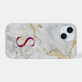 wit marmer gouden glitters monogram iPhone 15 case (Achterkant horizontaal)