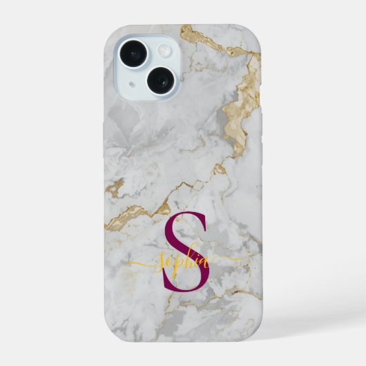 wit marmer gouden glitters monogram iPhone 15 case (Achterkant)