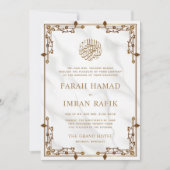 Wit Marmer Gouden Rand Islamitische Moslim Bruilof Kaart (Voorkant)