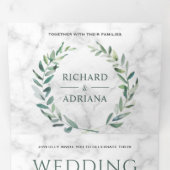 Wit Marmer Groen Olijfblad Krans Trouwfoto Drieluik Uitnodiging (Binnenzijde eerst)