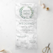 Wit Marmer Groen Olijfblad Krans Trouwfoto Drieluik Uitnodiging (Binnen)