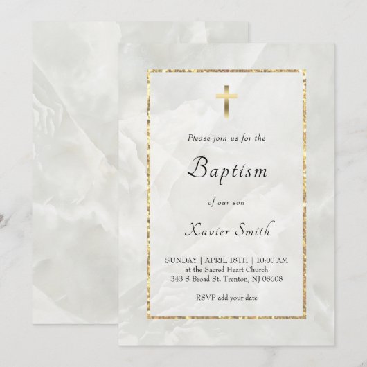 wit marmer katholieke doop uitnodiging (Voorkant / Achterkant)