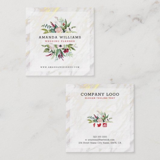 Wit marmer luxe bloemen en goud accent vierkante visitekaartje (Voorkant / Achterkant)