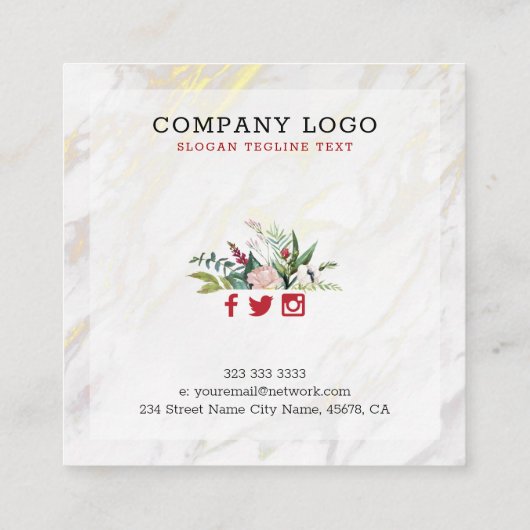 Wit marmer luxe bloemen en goud accent vierkante visitekaartje (Achterkant)