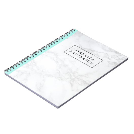 Wit marmer met Aqua Blue Accent Gepersonaliseerd Notitieboek (Linkerzijde)
