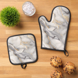 Wit marmer met gouden en grijze aderen ovenwant & pannenlap set