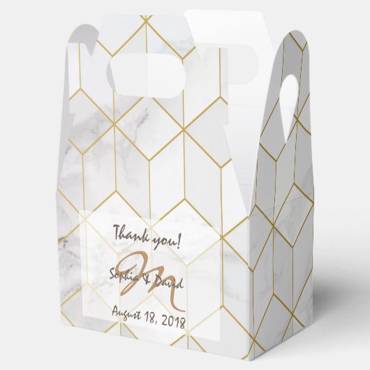 Wit marmer met gouden kubus patroon + monogram bedankdoosjes (Geopend)