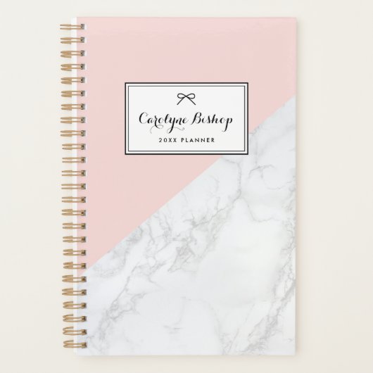 Wit Marmer met Roze Accent Gepersonaliseerde Plann Planner (Voorkant)