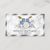 Wit Marmer Metallic Blue Drum Kit Drummer Visitekaartje (Voorkant)