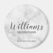 Wit marmer modern script gepersonaliseerde groomsm magneet (Voorkant)