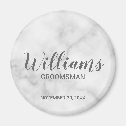 Wit marmer modern script gepersonaliseerde groomsm magneet (Voorkant)