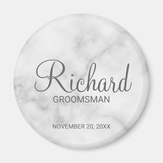 Wit marmer modern script gepersonaliseerde groomsm magneet (Voorkant)