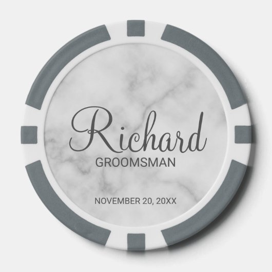 Wit marmer modern script gepersonaliseerde groomsm poker chips (Voorkant)