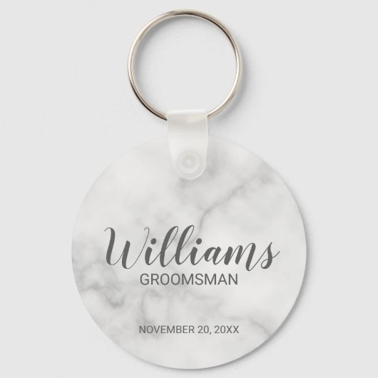 Wit marmer modern script gepersonaliseerde groomsm sleutelhanger (Voorkant)
