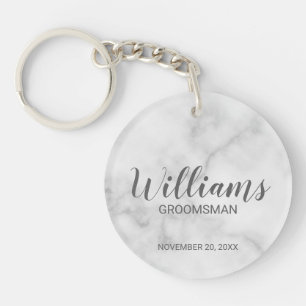 Wit marmer modern script gepersonaliseerde groomsm sleutelhanger