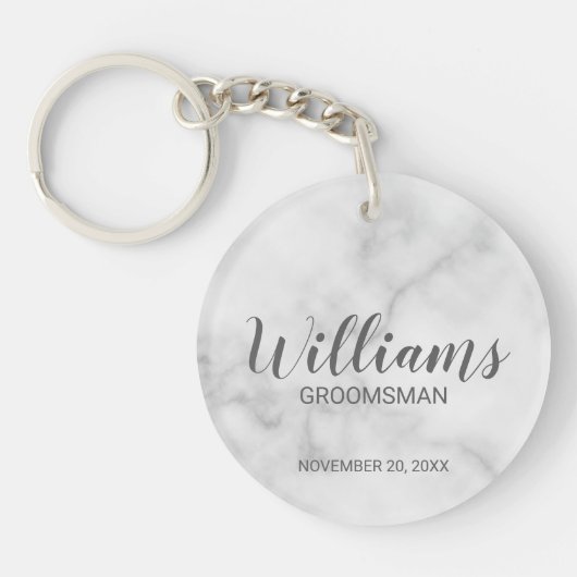Wit marmer modern script gepersonaliseerde groomsm sleutelhanger (Voorkant)