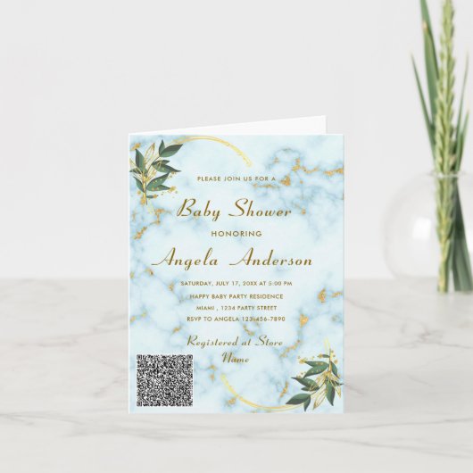 Wit Marmer QR Code Baby Meisje Douche Uitnodiging (Voorkant)
