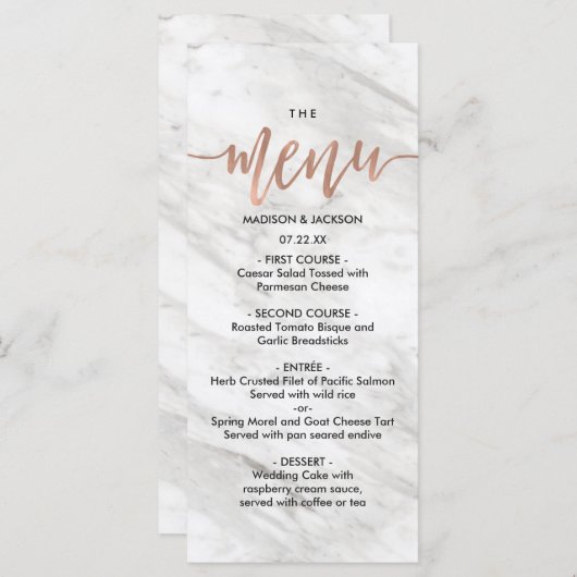 Wit Marmer & Roos Goud Elegant Bruiloft Menu (Voorkant / Achterkant)