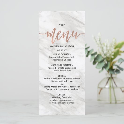 Wit Marmer & Roos Goud Elegant Bruiloft Menu (Staand voorkant)