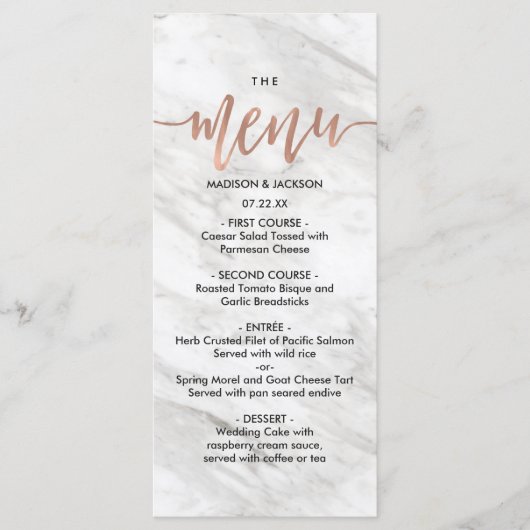 Wit Marmer & Roos Goud Elegant Bruiloft Menu (Voorkant)