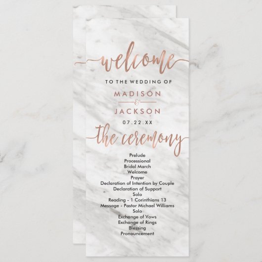 Wit Marmer & Roos Goud Elegant Huwelijksprogramma Programmakaart (Voorkant / Achterkant)