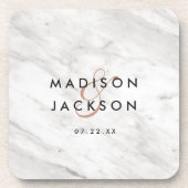 Wit Marmer & Roos Goud Modern Bruiloft Monogram Bier Onderzetter (Voorkant)