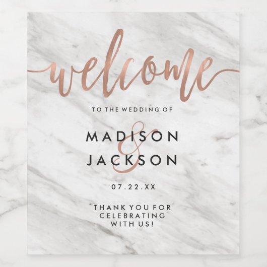 Wit Marmer & Roos Goud Modern Bruiloft Monogram Wijn Etiket (Enkel label)