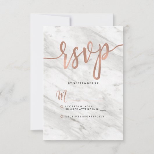 Wit Marmer & Roos Goud Modern Bruiloft RSVP Kaartje (Voorkant)