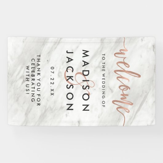 Wit Marmer & Roos Goud Modern Bruiloft Welkom Spandoek (Horizontaal)