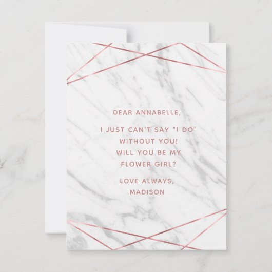 Wit marmer Roos goud word je mijn Bloemenmeisje Kaart (Achterkant)