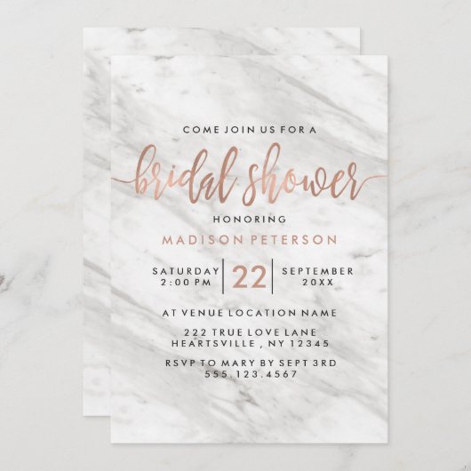 Wit Marmer & Roos Gouden Bruidsdouche Uitnodiging (Voorkant / Achterkant)