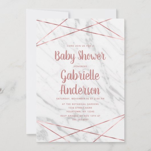 Wit Marmer Roos Gouden Lijn Baby shower Invitation Kaart (Voorkant)